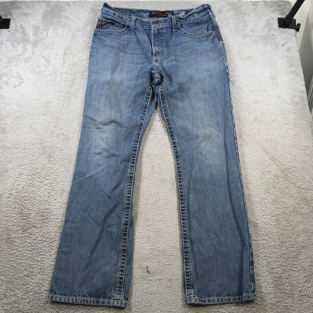 Ariat FR Jeans Mens 35x34 Blue Denim M4 Relaxed Boot Cut Cowboy Workwear Rodeo